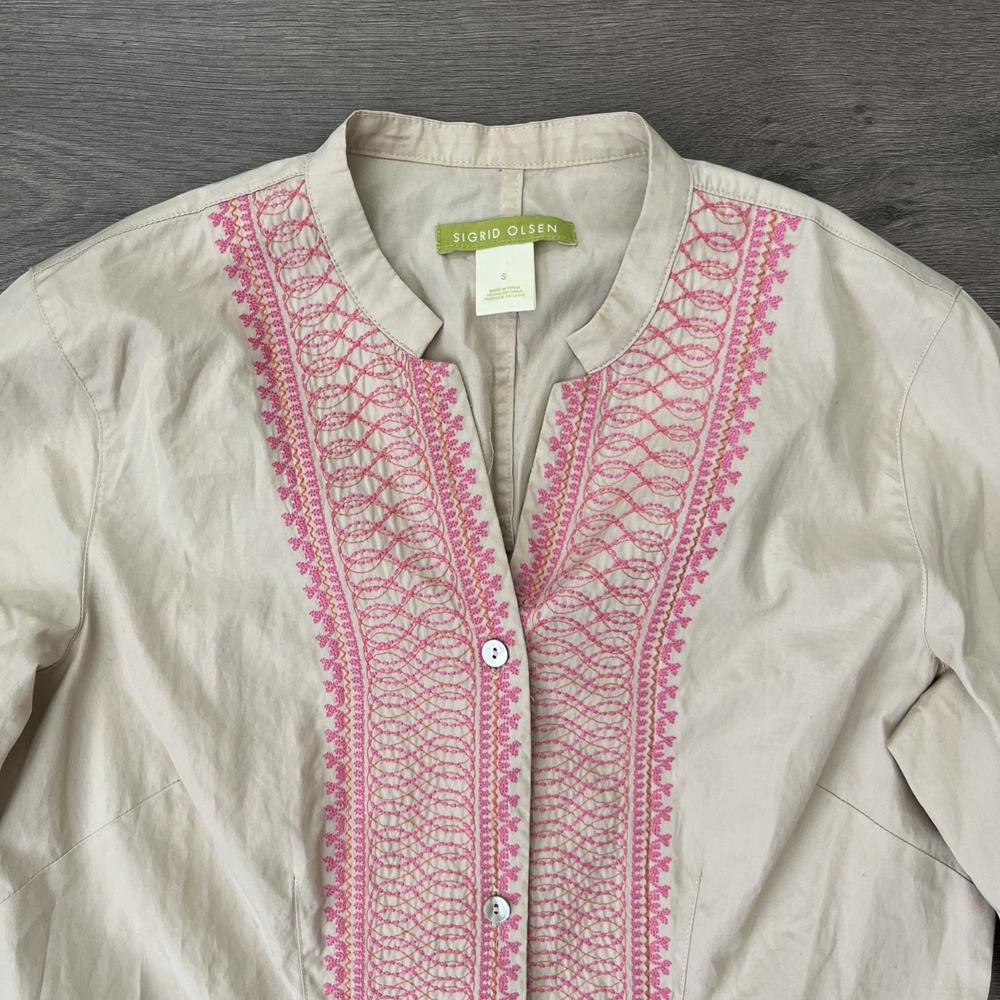 Sigrid Olsen Womens S 100% Cotton Embroidered Shirt Cream Pink - Picture 2 of 6